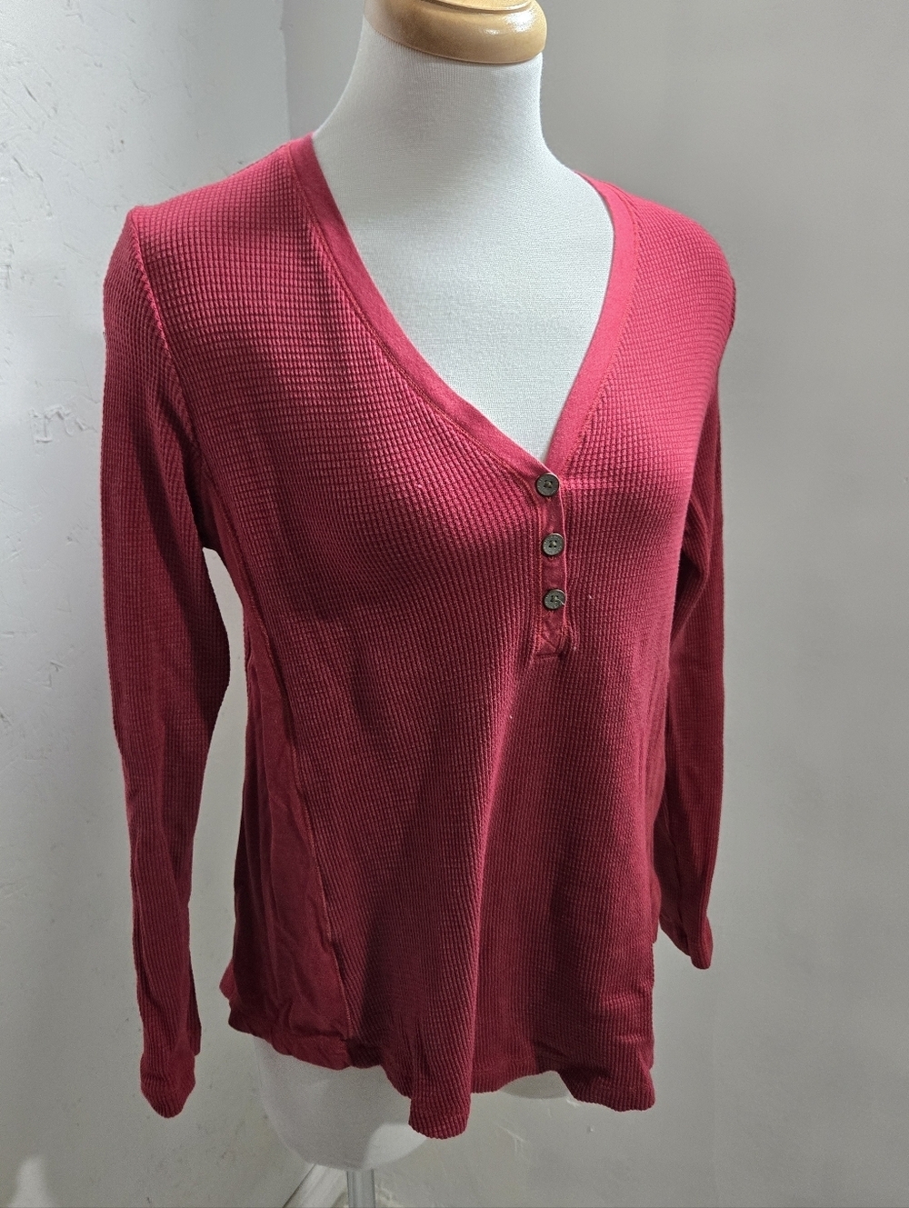 Eddie Bauer Waffle-Knit Henley in Berry Red